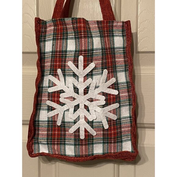 Christmas Fabric Gift Bag 7.5x10 Mini Tote Snowflake Red Plaid - Picture 4 of 7